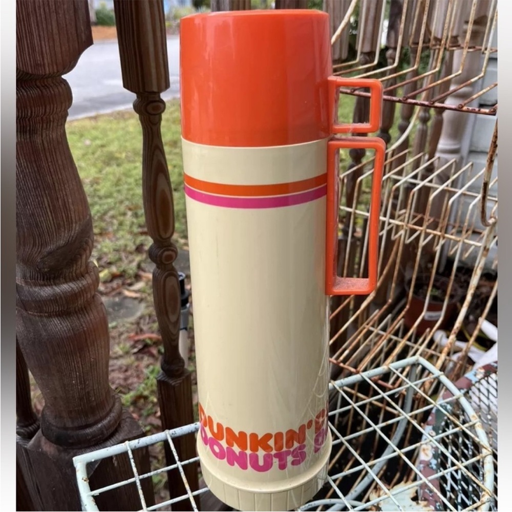 Dunkin Donuts Thermos Orange Pink Plastic Glass Hot Cold Logo Vintage 70s 80s